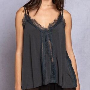 POL Lace Trim  V Neck Cami Tank Top Women’s Med Dark Feminine Grey Fairygrunge